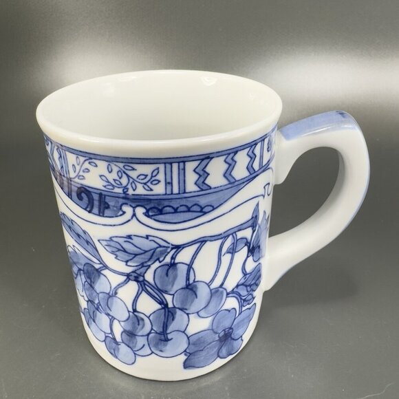 1995 Jardin Blue Cardinal Ceramic Coffee Mug Cup Set 2 Blue White Fruit Cherry - Picture 13 of 15